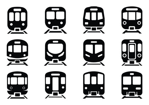 Train and metro front view icon set, public transit, subway, railway, transportation, commuter, vehicle, urban, station, travel, map, infographic vector.  
