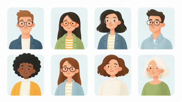 Seamless looping animation of diverse cartoon headshots scrolling upward, showcasing smiling multiethnic, multigenerational faces for team, community, social network and avatar concepts