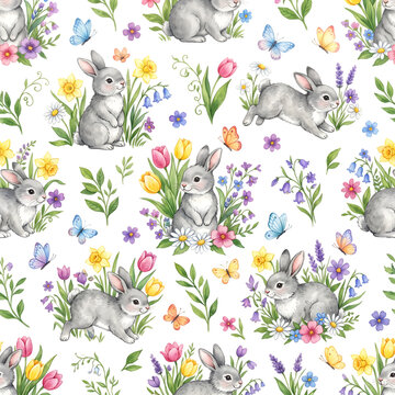 Seamless pattern with cute rabbits and colorful spring flowers