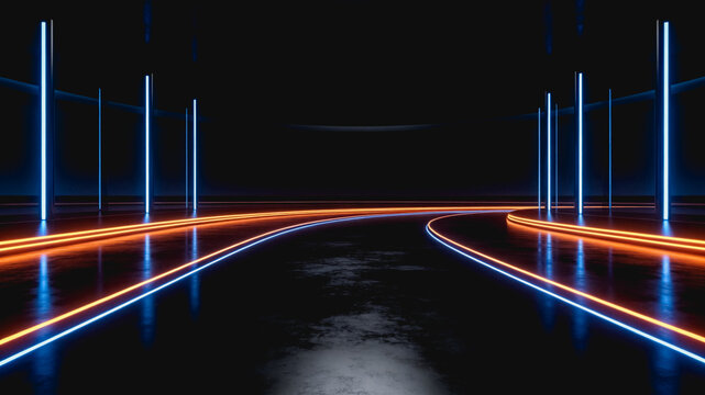 A sleek futuristic empty indoor space with glowing neon lines and vertical pillars, reflective dark floor.