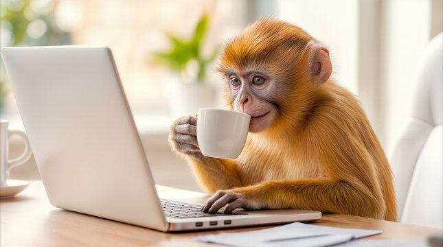 Primate sitting at desk using laptop and drinking coffee in bright office. Anthropomorphic monkey working remotely as digital nomad.