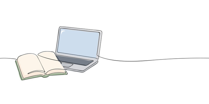 Continuous one line drawing of an open book and laptop with copy space. Concept of online education, digital learning, studying and academic research.