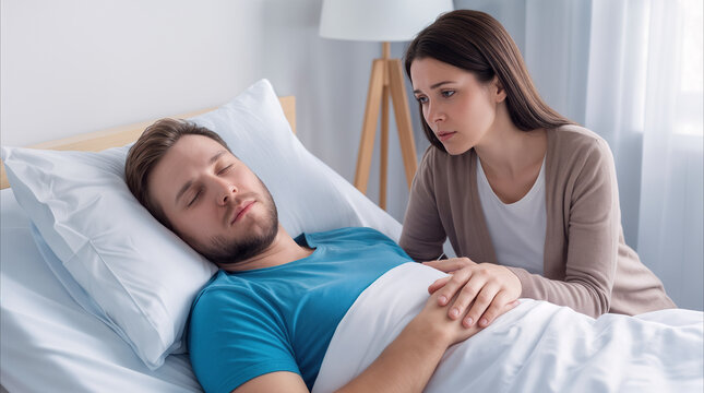 Concerned woman sitting by bed of sleeping man in hospital room. Healthcare support and patient care concept.