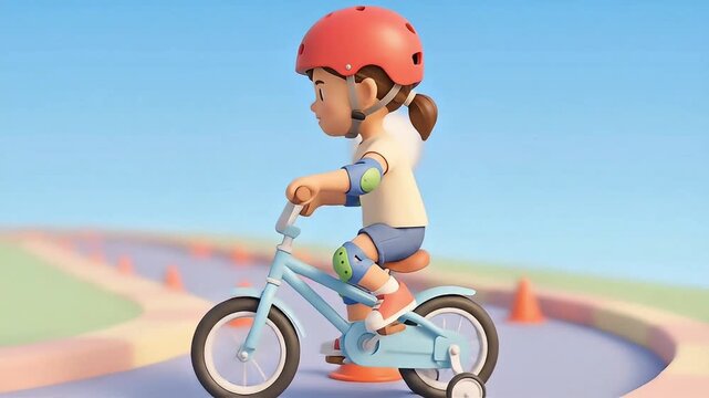 Happy kid cyclist cartoon character learning to ride a blue bike on a sunny track featuring a young rider in 3D cartoon style for children