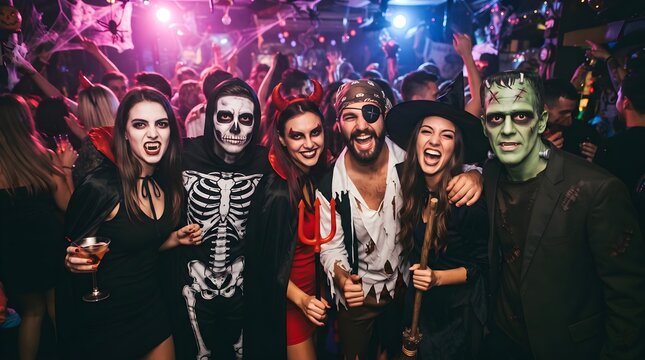Group of friends in creative costumes celebrating at a lively halloween party in a crowded nightclub
