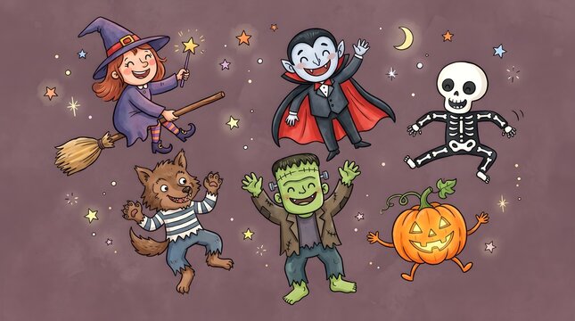 Cute cartoon characters celebrating a fun halloween party with a witch vampire skeleton werewolf and frankenstein monster