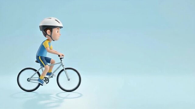 Side view of a happy kid cyclist cartoon riding a bike isolated on a light blue background, professional 3D cartoon rider for cycling concept