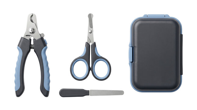 Professional pet grooming kit with nail clippers and scissors. Blue and black animal claw care set. Pet manicure tools with storage case.