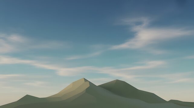 Minimalist low poly mountain peaks rendered in a soft aesthetic style against a blue cloudy sky