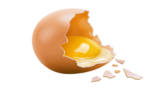Cracked brown chicken egg with visible raw yolk and shell fragments