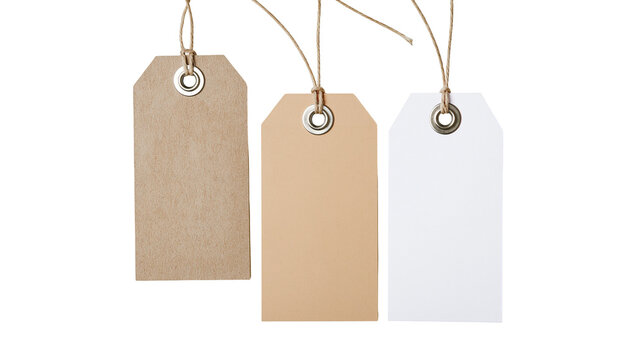 Three blank rectangular paper hang tags with metal eyelets and jute twine strings