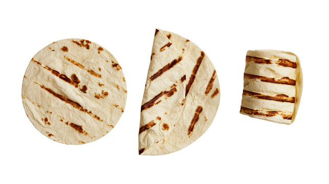 Grilled flour tortillas in flat folded, and rolled shapes with charred marks