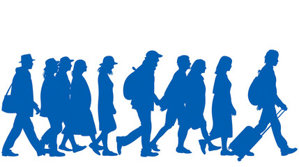 Obraz premium Blue silhouettes of diverse people walking together with luggage and backpacks
