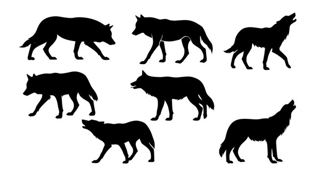 Black silhouettes of wolves in various walking, standing and howling poses