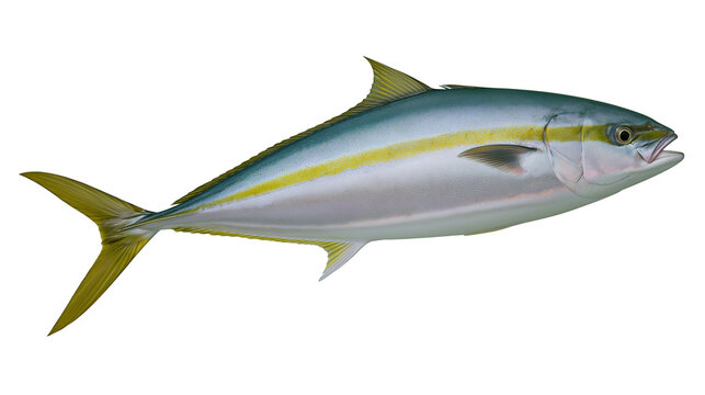 Yellowtail amberjack fish with silver scales and a distinct yellow lateral stripe