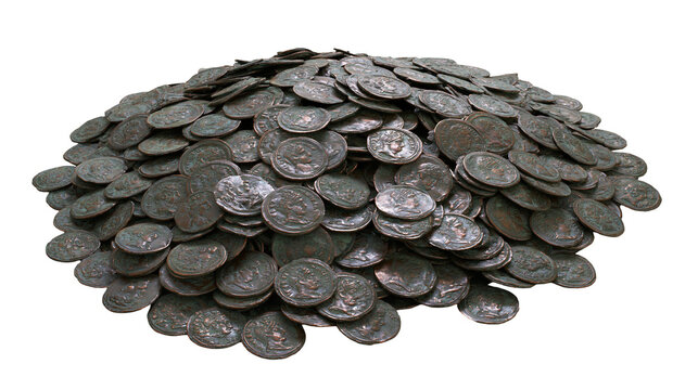 Large pile of weathered ancient Roman bronze coins with embossed portraits