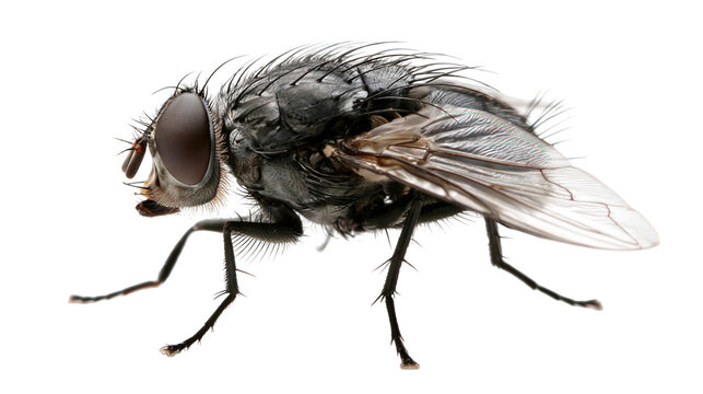 Macro side view of a common housefly with detailed wings and compound eyes