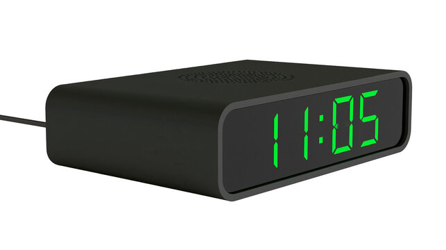 Modern black digital alarm clock with glowing green LED time display