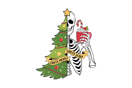 Funny skeleton hiding behind a Christmas pine tree holding festive holiday mug illustration Sublimation Design