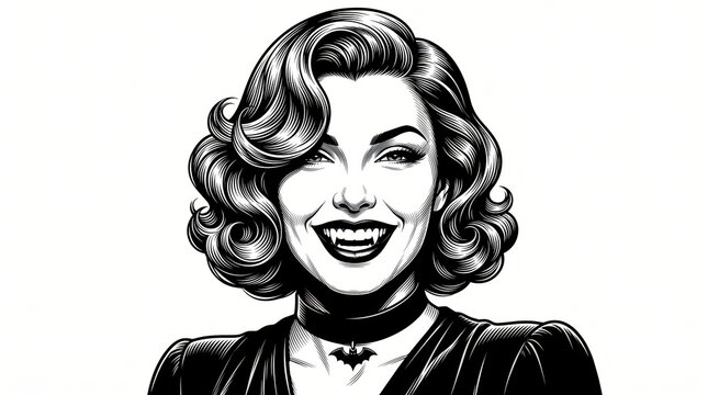 Smiling female vampire with sharp fangs and glamorous retro hairstyle, blending gothic horror with vintage elegance in a black-and-white scratchboard engraving style.