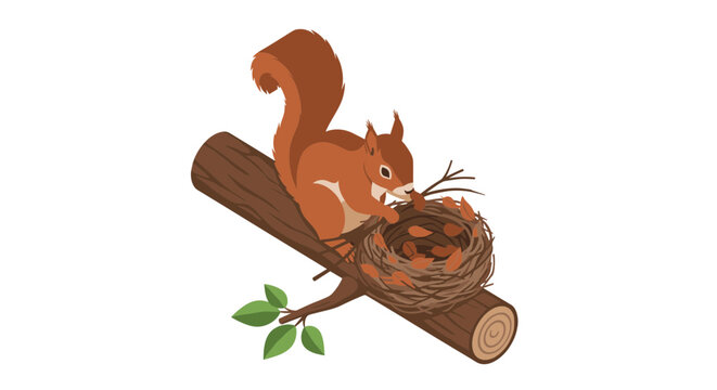 Gone vector squirrel building a nest on a tree branch