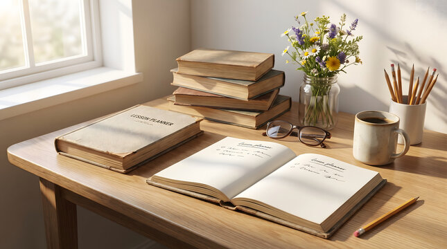 Cozy Study Table Desk Setup with Open Notebook Stack of Vintage Books Coffee Cup Wildflowers and Sunlight
