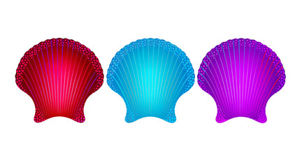 Three colorful scallop seashells in red blue and purple gradient patterns © Aisling