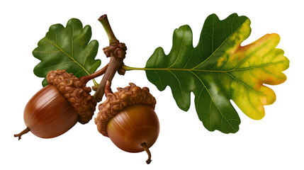 Two brown acorns with textured caps attached to a twig with green and yellow leaves © Aisling