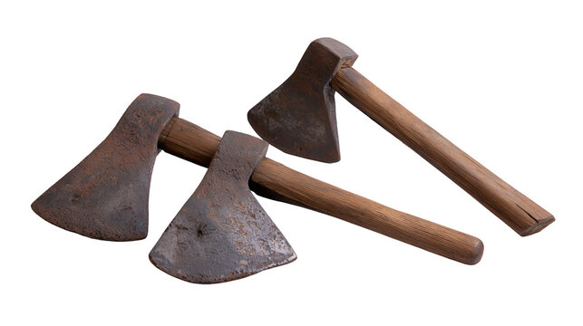 Two weathered vintage iron axes with wooden handles