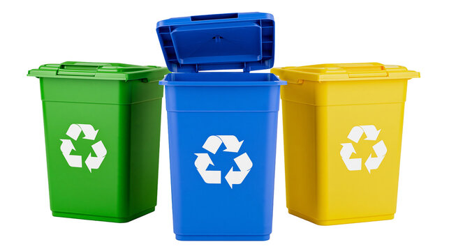 Green blue and yellow plastic recycling bins with white universal recycle symbols