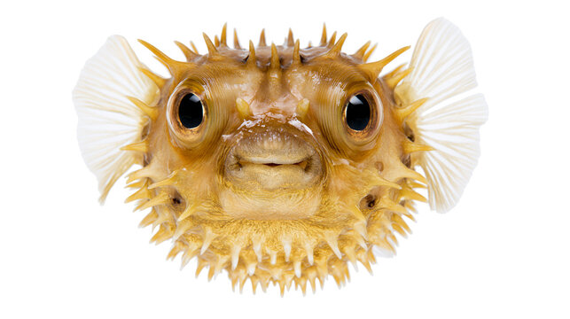 Front view of a spiky yellow pufferfish with large dark eyes and translucent fins