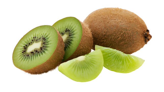 Fresh whole kiwi fruit with sliced halves and wedges showing green flesh and seeds