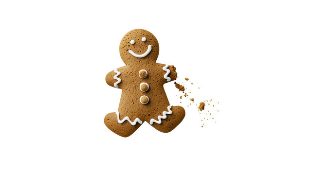 Bitten gingerbread man cookie with white icing decoration and crumbs