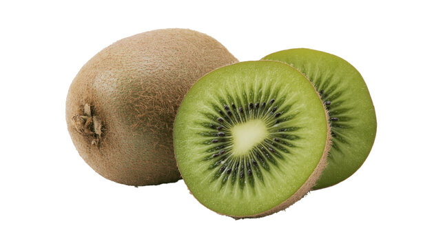 Whole kiwi fruit and two sliced kiwi halves with green flesh and black seeds