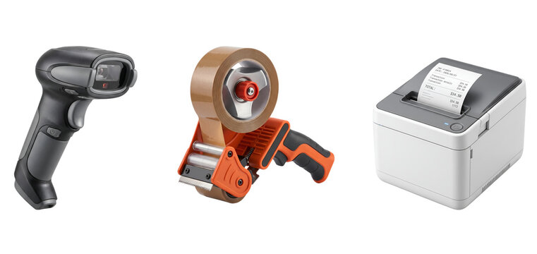 Shipping And Retail Tools: Barcode Scanner, Packing Tape Dispenser And Receipt Printer For POS And Logistics