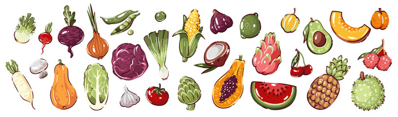 Obraz premium Fruit and vegetable set with colorful produce, tropical fruits, roots, greens and berries. Food packaging, menu and market design with fruit and vegetable set, hand drawn vector illustration.