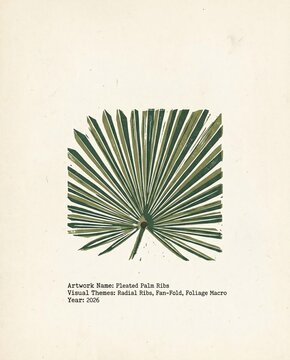 Vintage archival minimalist linocut block print style illustration of a green pleated fan palm leaf, titled "Pleated Palm Ribs" on textured paper.