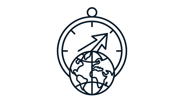 Minimalist line art icon representing global travel and navigation featuring an oval compass frame with a world map globe and an upward pointing