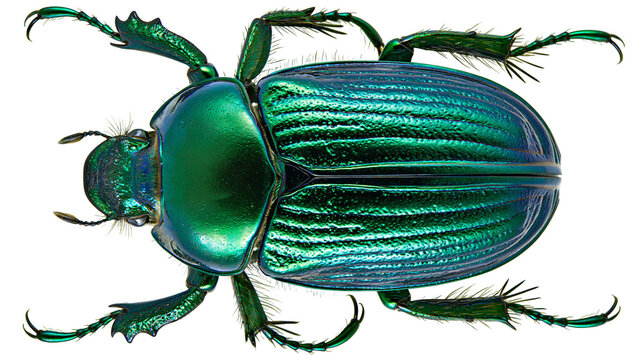 Iridescent metallic green scarab beetle with textured elytra and spiny legs