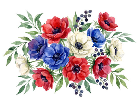 Watercolor bouquet of red white and blue anemone flowers