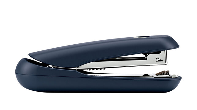 Dark blue plastic desktop stapler with metallic internal mechanism