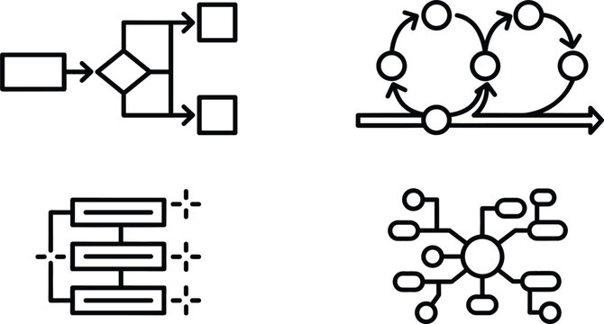 Business workflow process management vector icon set featuring decision tree flowchart agile scrum loops and mindmap data structure diagrams
