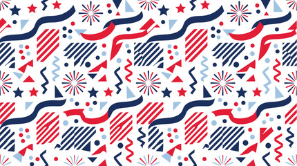 Obraz premium Patriotic seamless vector pattern design featuring various festive elements like stars stripes fireworks and ribbons in bold red white and blue colors suitable for fourth of july celebration holiday 
