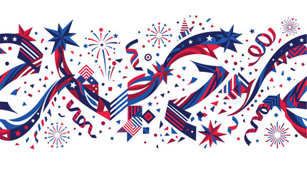 Obraz premium Patriotic vector illustration featuring flowing red and blue ribbons surrounded by celebratory fireworks stars and scattered confetti shapes designed for Fourth of July party invitations or festive 