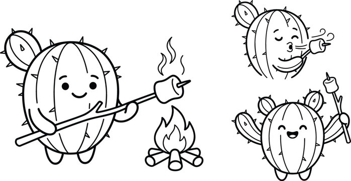 Cute cactus cartoon character vector icon set featuring funny succulents roasting marshmallows over campfire and blowing air