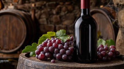 Naklejka premium Red wine bottle and fresh grapes on wooden barrel in rustic cellar. Traditional winemaking and viticulture concept.