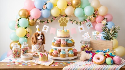 Fototapeta premium Colorful pastel balloon backdrop with dessert table and whimsical unicorn cake display