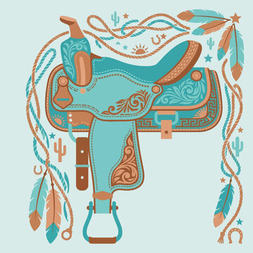 A decorative illustration of a western saddle with desert elements