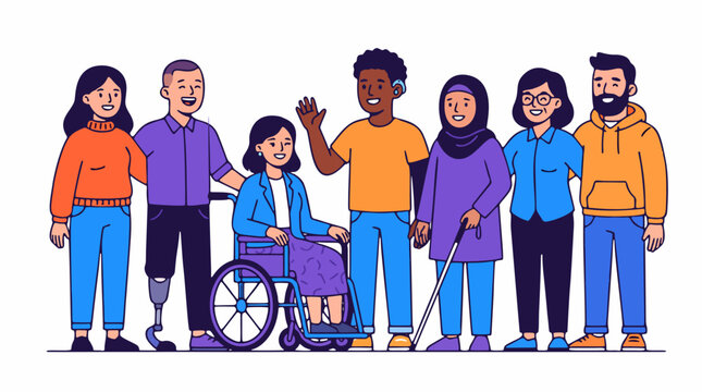 Diverse group of happy people standing together, featuring individuals with disabilities including wheelchair user, prosthetic leg, hearing aid, and visual impairment cane illustration.