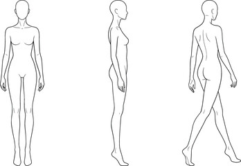 Obraz premium Female fashion croquis vector figure template set featuring front side and walking back views for apparel design sketches